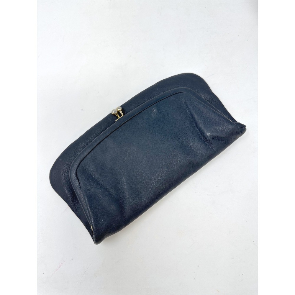 Vintage St. Thomas Leather Kisslock Fold Over Clutch Navy‎
